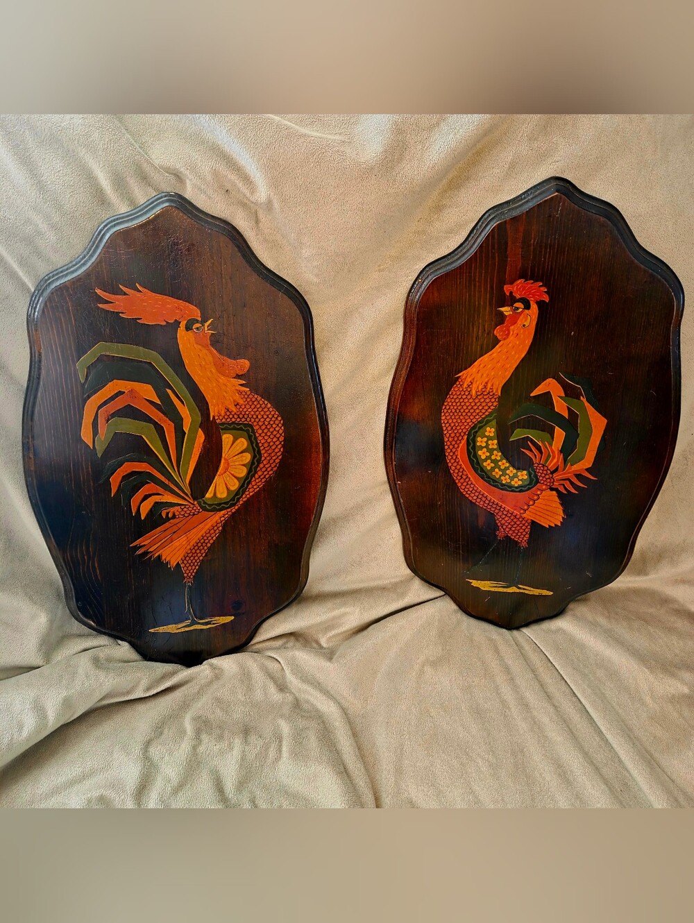 Hand-Painted Orange Rooster & Hen Wall Plaques - Vintage Style Home Wall Decor